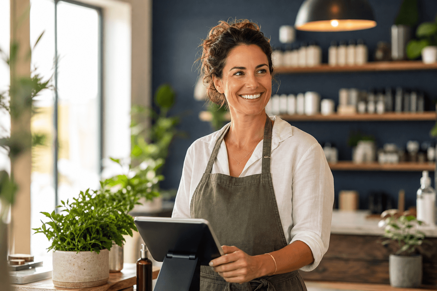 Happy local service business owner running her shop with a tablet in hand